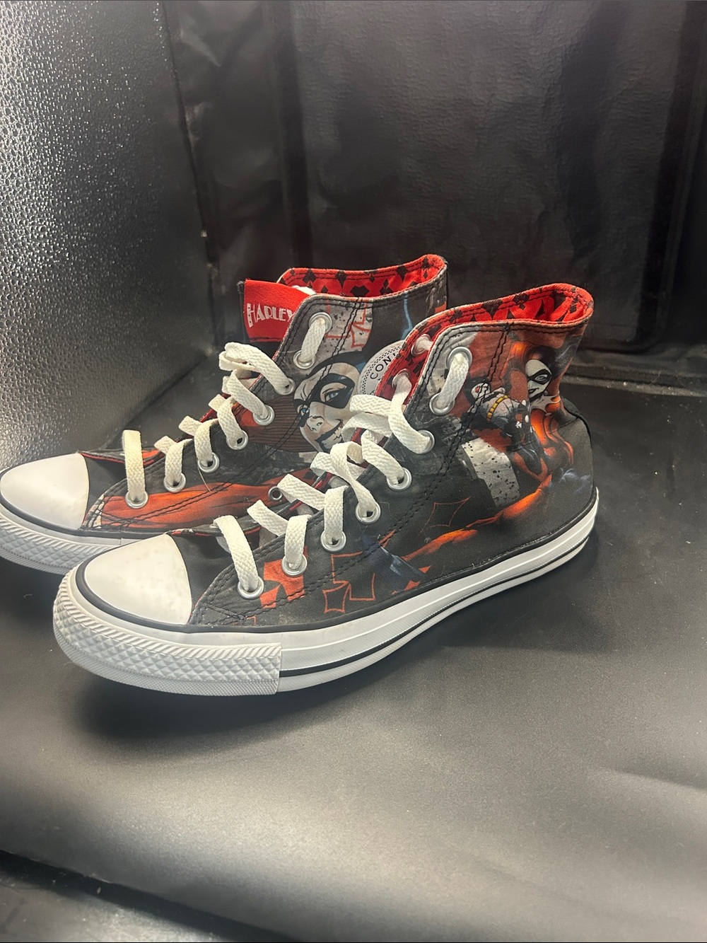 Harley Quinn Converse High-Top Sneakers in Black & Red with Graphic Print